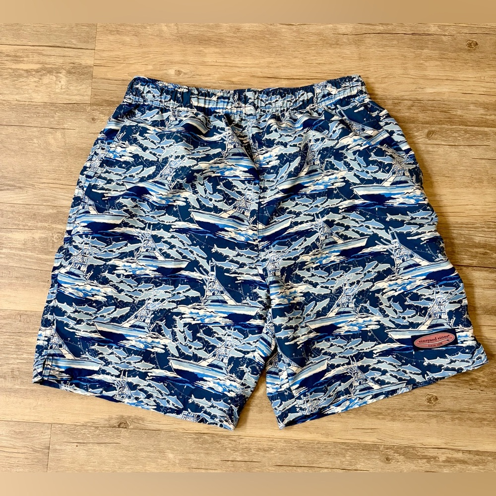 Vineyard Vines Navy & Light Blue Boat-Pattern Swim Trunks Men’s S